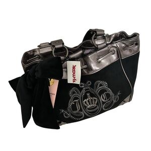 NWT Juicy Couture Black Velour Daydreamer Bag Metallic Pewter Trim
